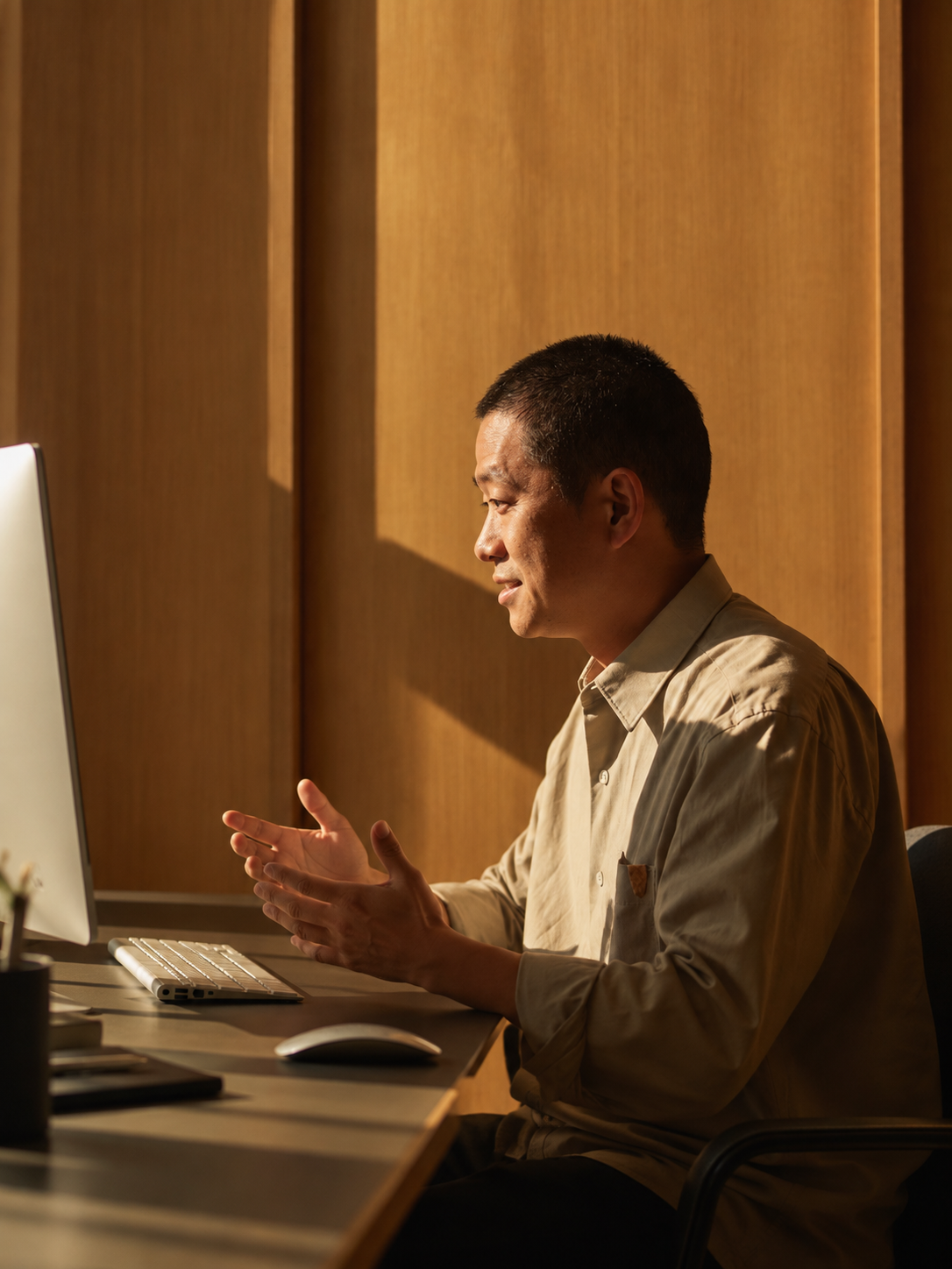 A man typing at a keyboard in golden afternoon light